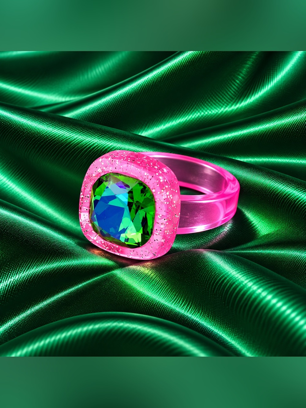 Pink & Green Crystal Chunky Resin Ring Glitter Square Statement Ring New 8